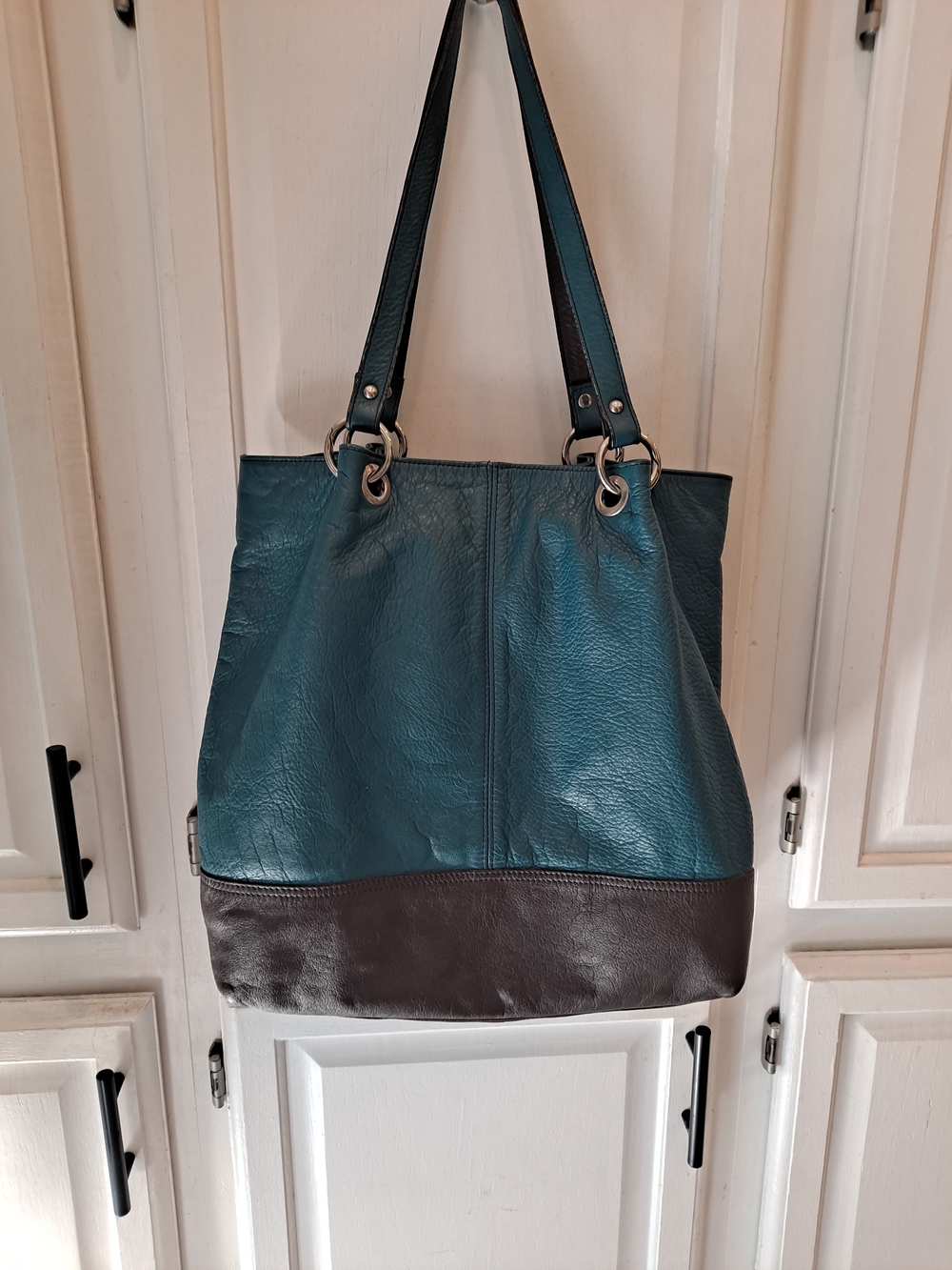 Garnet Hill Teal Brown Two-Tone Italian Leather Hobo Bucket Shoulder Tote Bag